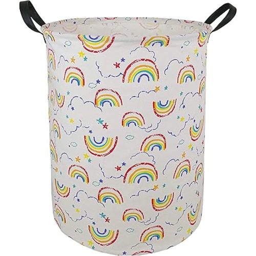19.7 Inches Large Laundry Basket Waterproof Round Cotton Linen Collapsible Storage bin with Handles for Hamper Kids Room,Toy Storage (Rainbow)