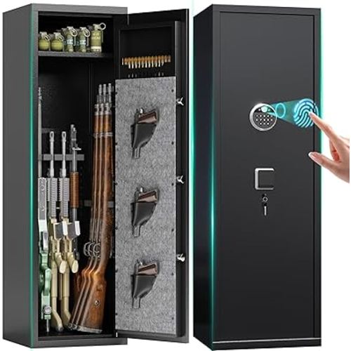 10-15 Large Gun Safe Cabinet With 3 Pistol Pouches,rifle Gun Safes for Home fireproof waterproof Adjustable Rack and Biometric Lock,Heavy-Duty Gun Safes for Rifles and Shotguns Money and Valuables