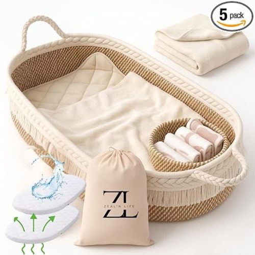 ZEAL'N LIFE Luxury 5-in-1 Baby Changing Basket Set – Portable Moses Basket with Waterproof Changing Pad, Diaper Caddy, Blanket & Bag, Gift for Expecting Moms, Babies Moses Basket for Babies (Beige)