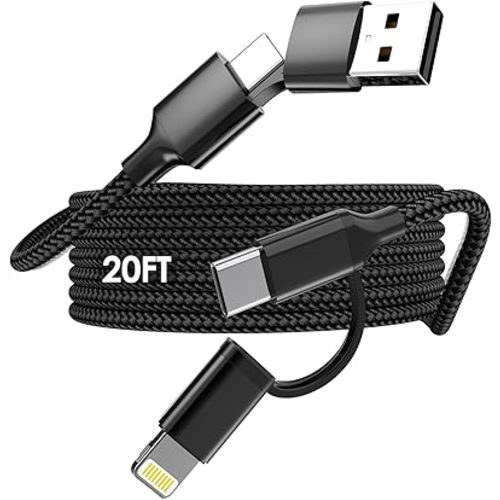 20 FT Extra Long iPhone Charger Cord,Fast Charging USB-C and Lightning Cable 2 in 1 60W 20 FT USB C Charger Long Apple Charging Cord for iPhone 16/15/14/13/12/11,iPad,MacBook,Charge in Bed, Sofa