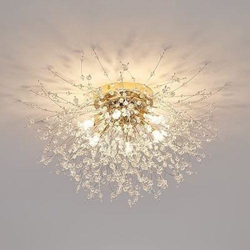 6-Light Sputnik Flush Mount Ceiling Light Fixture, Modern Gold Crystal Firework Ceiling Lights, Close to Ceiling Lamp for Bedroom Kitchen Hallway Entryway Bathroom