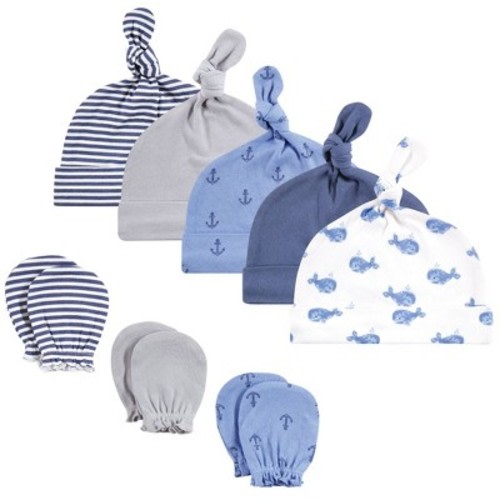 Hudson Baby Infant Boy Cotton Cap and Scratch Mitten Set, Blue Whale, 0-6 Months