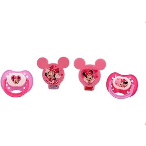 Disney Cudlie Minnie Mouse Baby Girl 4 Pack of 2 Pacifiers & 2 Clips with Hearts for Min Print