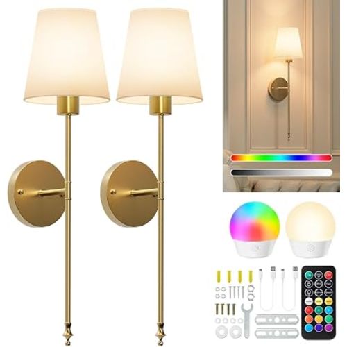 Brightown Battery Operated Wall Sconces Set of Two,Gold Sconces Wall Decor