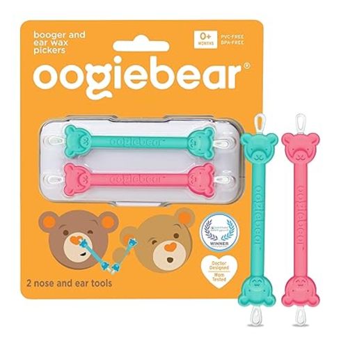 oogiebear: Baby Nose Cleaner & Ear Wax Removal Tool - Safe Booger & Earwax Removal for Newborns, Infants, Toddlers - Dual-Ended - Essential Baby Stuff, Diaper Bag, Raspberry & Seafoam with case - 2 Pack - Raspberry & Seafoam w/ Case