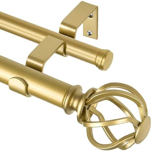 KAMANINA 1 Inch Double Curtain Rods 36 to 72 Inches (3-6 Feet) Window Telescoping Drapery Rod, Warm Gold Heavy Duty Curtain Rods for Windows, Twisted Cage Finials