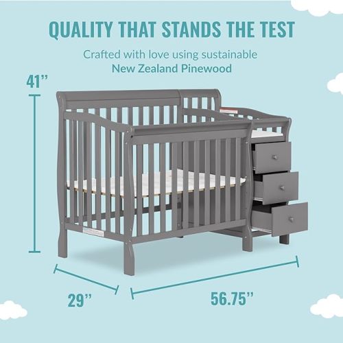 Jayden 4-in-1 Mini Convertible Crib And Changer in Storm Grey, Greenguard Gold Certified, Non-Toxic Finish, New Zealand Pinewood, 1" Mattress Pad
