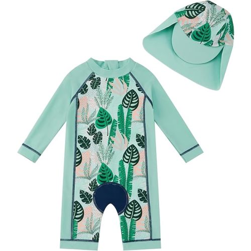 upandfast Baby/Toddler Swimsuit UPF 50+ Sun Protection One Piece Zipper Bathing Suit with Sun Hat Infant Beach Swimwear