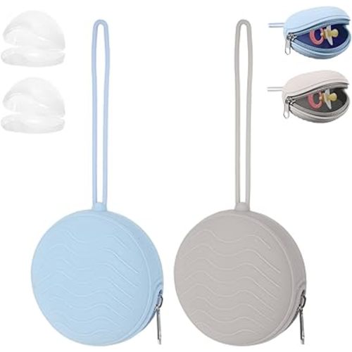 2 Pack Pacifier Holder Case, BPA-Free Silicone Portable Pacifier Case Holder Pouch for Baby Boys & Girls, Travel Storage Container for Newborn, Diaper & Strollers(Light Grey/Blue)
