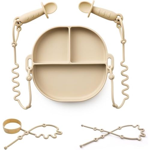 Andy Bear Silicone Plates for Babies with Suction Divided Baby Spoons Silicone Baby Toy Straps All-in-one Plates Silicone Placemat for Babies Toddlers Attachable Tethers & Built-in Suction Cups-Ivory