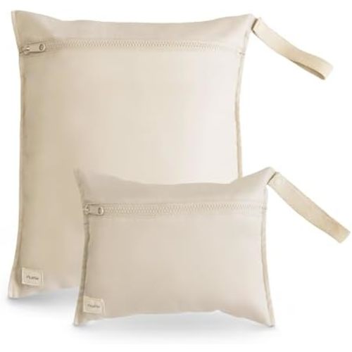 mushie Water Resistant Wet Bags | Large & Small Reusable Storage Bag for Baby Items and Travel | Zippered Pockets with Handle | Machine Washable, Set of 2 (Fog)