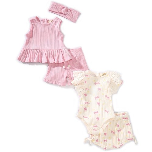 Jessica Simpson Baby Girls Newborn-9 Months Sleeveless Solid Top, Solid Shorts, Printed Bodysuit & Printed Shorts Four-Piece Set