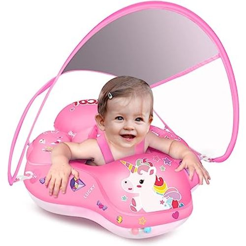 LAYCOL Baby Swimming Float Inflatable Baby Pool Float Ring with Sun Protection Canopy,add Tail no flip Over for Age of 3-36 Months