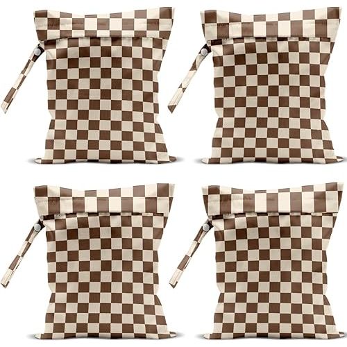 4 Pack Cute Wet Bag Waterproof Washable Reusable Wet Dry Bag for Swimsuit Clothes Cloth Diaper Travel Beach Pool Yoga Gym Thanksgiving Party Camping Toiletries Travel Beach Essentials,Brown Checkered