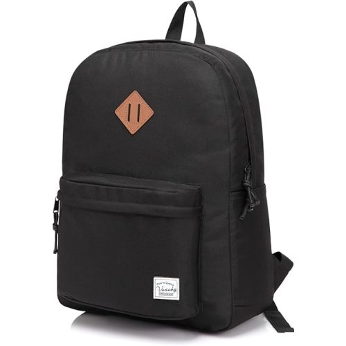 VASCHY Lightweight Backpack for School, Classic Basic Water Resistant Casual Daypack for Travel with Bottle Side Pockets (Black)