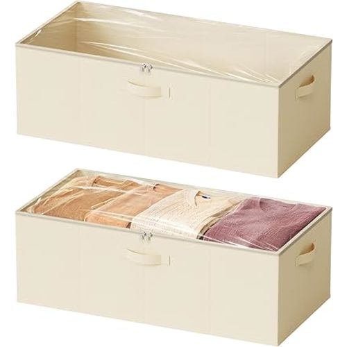 SpaceAid 2 Pack 10" High Under Bed Storage Containers, Large Underbed Storage Organizer Bins with Lids for Bedroom, Dorm, Clothes, Closet Organization, Bed Sheets and Blankets (Beige)