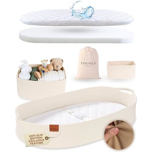 Baby Changing Basket with Diaper Caddy - Beige Moses Basket for Babies - Cotton Rope Diaper Changing Basket - Baby Diaper Changing Pad for Dresser - Changing Table Topper for Dresser - Toodly