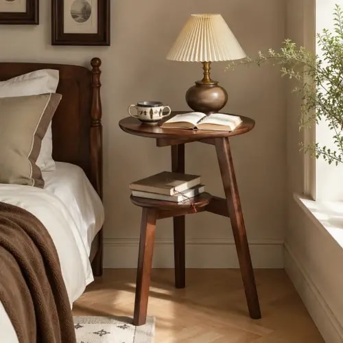 100% Solid Wood 2-Tier Side Table Sofa Side Table Living Room End Table Bedside Table,Solid Wood Round End Table, 2-Tier Small Side Table With Lower Storage Shelf