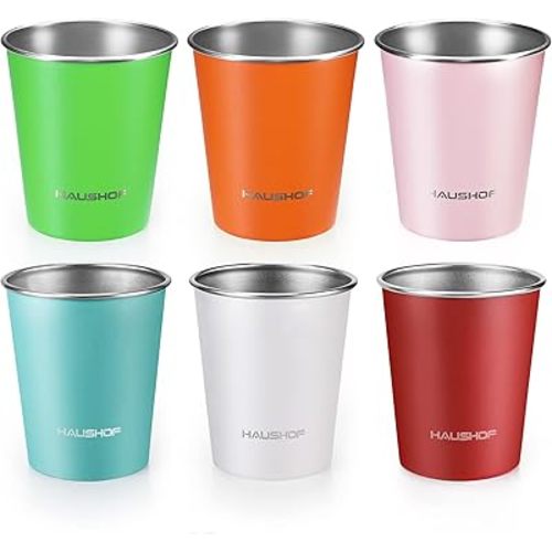 HAUSHOF Pint Cup, 14 oz Stainless Steel Cups, Stackable Metal Drinking Cups, Stacking Beer Pint Cups for Home, Party, Camping, Outdoor, Unbreakable, 6 Pack