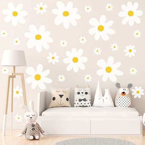 Large Daisy Wall Decals - 42 Pcs Peel and Stick Flower Wall Decor - Nursery & Bedroom