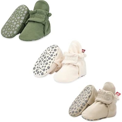 Zutano Cotton Baby Booties with Gripper Soles, Soft Sole Stay-On Baby Shoes, Bundle, Olive/Cream/Khaki, 3M