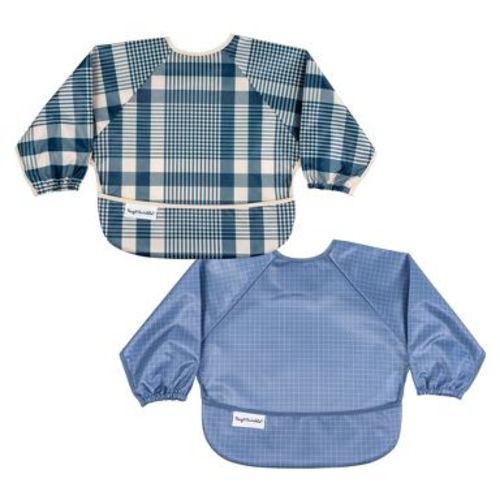 Tiny Twinkle Mess-Proof/Waterproof 2-Pack Long-Sleeve Baby Bib, Machine Washable Smock for Eating (Gingham Grid, Small 6-24 Months)