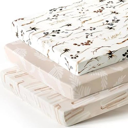 Stretchy Ultra Soft Jersey Knit Fitted Pack and Play Sheets 3 Pack, Portable/Mini Crib Sheets Safe and Snug Fitted for Boys and Girls, Stylish Pretty Flora for Baby, Beige