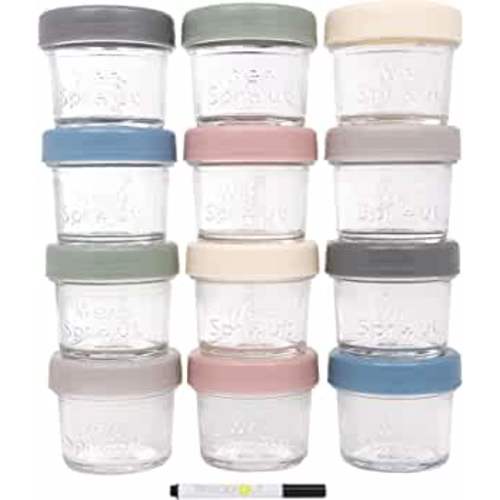 WeeSprout Glass Baby Food Storage Jars w/Lids (4 oz, 12 Pack Set) Snack, Puree, Reusable Small Containers, Breast Milk, Fridge or Freezer, Microwave & Dishwasher Safe, Essential Must Have for Infants