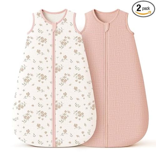 Konssy Muslin Baby Sleep Sack 6-12 Months 0.8 TOG, 2 Pack 100% Cotton Wearable Blanket for Babies, 2-Way Zipper Breathable Sleeping Sack Infant Toddler Essentials for Girls and Boys (Blossom, Pink)