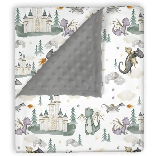 Mink Baby Boys Blanket Dragon Tale Castle, Watercolor Green Moon Clouds Stars Tree Soft Double Layer Dotted Backing Receiving Blankets, Newborn Infant Toddler Nursery Crib Bedding 30" x 40"