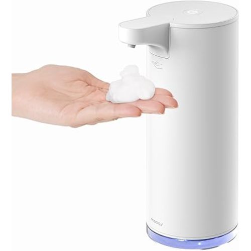 mooas Automatic Foaming Soap Dispenser- Pure and Clean Touchless Hand Soap Dispenser, Metal Stainless Rechargeable Electric Hands Free Dish Soap Dispenser for Kitchen Bathroom Commercial 9.4oz (White)