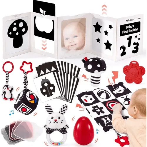 hahaland High Contrast Baby Toys for Newborn - Infant Baby Black and White Sensory Newborn Toys for Brain Development Montessori Tummy Time Toy for 0 3 6 Months Newborn Travel Toys