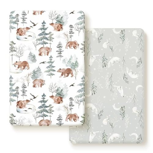 Stretchy Ultra Soft Jersey Knit Fitted Pack and Play Sheets Set 2 Pack, Portable/Mini Crib Sheets Safe and Snug Fitted for Boys and Girls, Cute Bear and Wolf Pattern