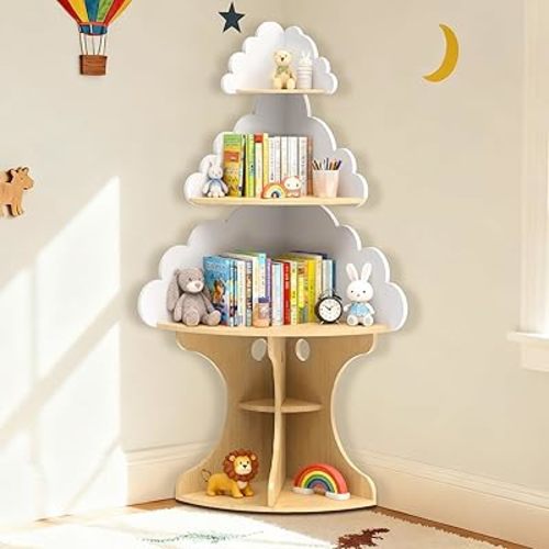 Kid Corner Bookshelf, White Cloud Children Wooden Bookcase, Unique Kids Room Decor for Book & Toy Storage, Montessori Corner Bookcase for Nursery, Classroom, Playroom, Bedroom