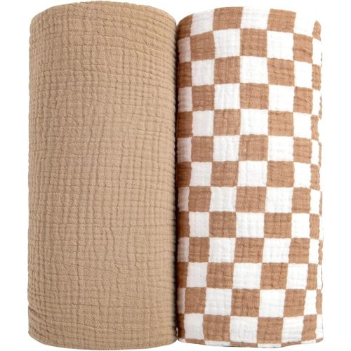 lulumoon Muslin Swaddle Blankets for Baby: Soft Cotton Newborn Receiving Blankets - Plaid Print Nursery Gift Set for Baby Girls(Mocha Plaid)