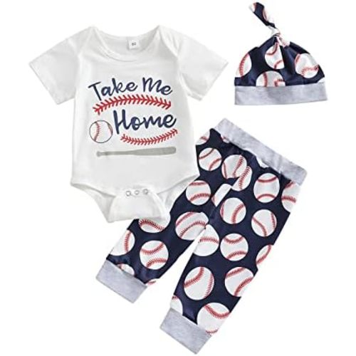 Chloefairy Newborn Baby Boy Baseball Outfit New Player in Town Romper Baseball Jogger Pants 3Pcs Coming Home Outfit