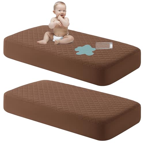 NTBAY 2 Pack Waterproof Mini Crib Mattress Protector, Quilted 24"x38" Fitted Mattress Cover - Machine Washable - Soft and Breathable Baby Mattress Pad Sheet for Mini Crib and Baby Playards, Brown