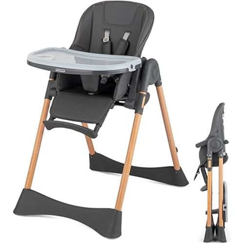 JOYMOR 4 in 1 Folding Baby High Chair for Babies to Toddlers, Infant Eating Foldable Highchair w/Leather Seat Cushion, 4-Position Removeable & Adjustable Tray, 5-Point Harness