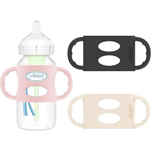 Dr. Brown's Milestones 100% Silicone Baby Bottle Handles, Wide-Neck, Removable Easy-Grip Transitional Sippy Cup Handles, Light Pink, Ecru, Black, 4m+, 3 Pack
