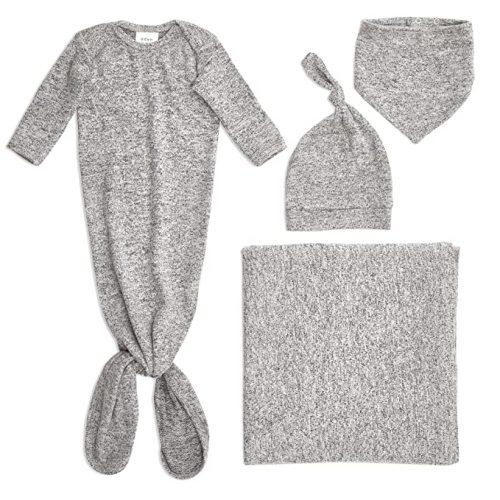 aden + anais Snuggle Knit Newborn Gift Set with Knotted Baby Gown, Swaddle Blanket, Infant Hat, and Bandana Bib, 0-3 Months, Heather Grey