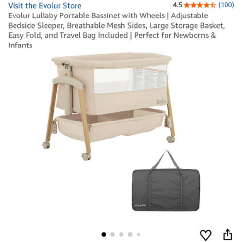 Evolur Lullaby Portable Bassinet with Wheels | Adjustable Bedside Sleeper, Breathable Mesh Sides, Large Storage Basket, Easy Fold, and Travel Bag Included | Perfect for Newborns & Infants