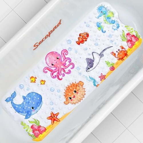 Secopad Kids Bath Mat for Tub Non Slip, 40 X 16 Inch Large Cartoon Anti Slip Toddler Baby Bath Mat (Right Drain)