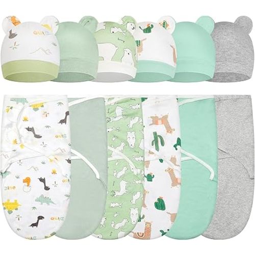Ramede 6 Pack Baby Swaddle Blanket with Hats Sleep Swaddle for 0-3 Months Newborn Sacks Soft Cotton Wearable for Boy Girl