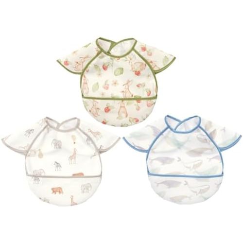 Feeding Bibs for Baby,3 Pack-Waterproof & Easy Clean Feeding Bibs for Toddlers & Infant,Reversible Pockets