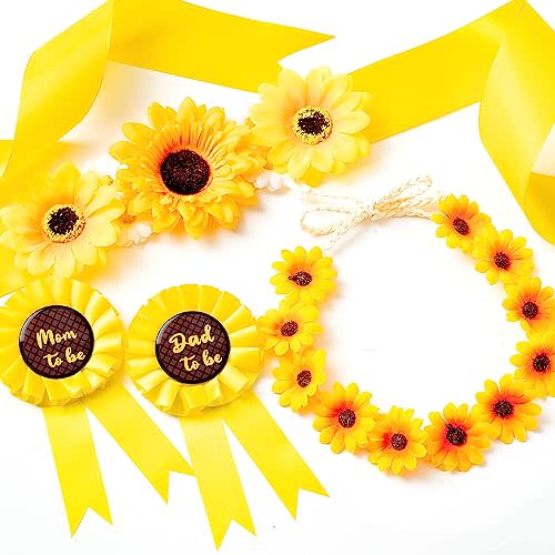 R HORSE Sunflower Maternity Sash Mom to Be & Daddy to Be Corsage Wreath Headdress Decoration Spring Summer Baby Shower Kit Party Favors Baby Boy Pregnancy Photo Prop Gift