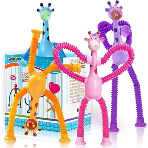 Giraffe Sensory Toys 4Pcs Gift for Toddlers Girls Year Old Ages 3 4 5 6 7 8 9 10, Suction Autism Toy Pop Tube Fidget Toys Autistic Travel Toys Stocking Easter Basket Stuffer Valentine Gift for Kids