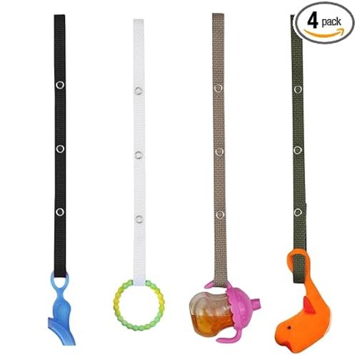 Baby Buddy Secure-A-Toy, Safety Strap Secures Toys, Teether, Pacifiers to Strollers, Highchairs, Car Seats, Adjustable Length, Keep Toys Sanitary, Registry Must Haves, White-Black-Tan-Olive, 4 Count