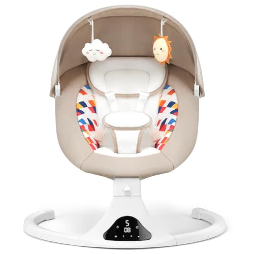 Baby Swing for Infants, Bluetooth Baby Swing with Remote Control, Portable Infant Swings with 5 Speed Motions, 12 Soothing Lullabies, Designed for Newborns (Max 20 lbs Beige)