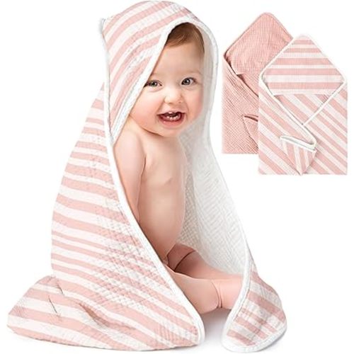Konssy 2-Pack Muslin Hooded Baby Towels, 100% Cotton, Ultra-Soft & Absorbent Baby Bath Towels with Hood for Newborn & Infant (Pink, Stripe, 32" x 32")