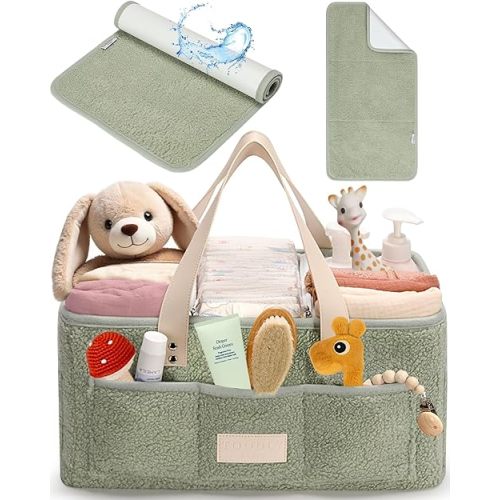 Baby Diaper Caddy Organizer with Portable Changing Mat - Teddy Fleece Diaper Organizer for Changing Table - Baby Basket for Diaper Changing Essentials - Baby Caddy Organizer with Removable Dividers